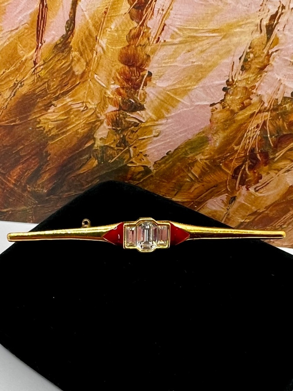 Art Deco Bar Brooch Red Enamel Swarovski Accents